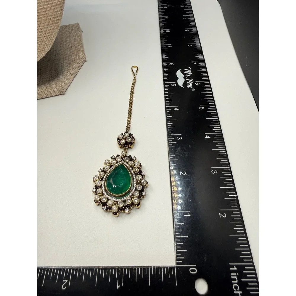 Emerald Green Maang Tikka Gold Tone Crystal‎ Indian Bridal Headpiece Jewelry